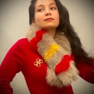 Real Fox Fur Scarf Light Beige Red & Yellow Stripe